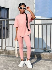 SHEIN Leap Crew Tween Girl Drop Shoulder Split Hem Hooded Tee & Leggings - Coral Pink - View 3