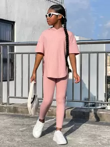 SHEIN Leap Crew Tween Girl Drop Shoulder Split Hem Hooded Tee & Leggings - Coral Pink - View 4