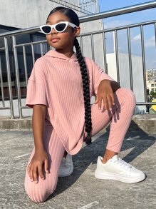 SHEIN Leap Crew Tween Girl Drop Shoulder Split Hem Hooded Tee & Leggings - Coral Pink - View 5