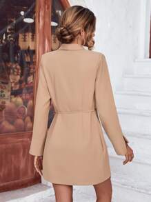 SHEIN Clasi 青果領開衩袖圍裹側打結連衣裙 - 卡其色 - 查看 2
