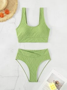 Set bikini cạp cao trơn đi biển mùa hè - Màu xanh chanh - Xem 3