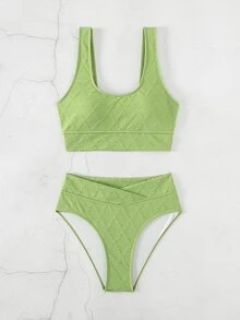Set bikini cạp cao trơn đi biển mùa hè - Màu xanh chanh - Xem 7