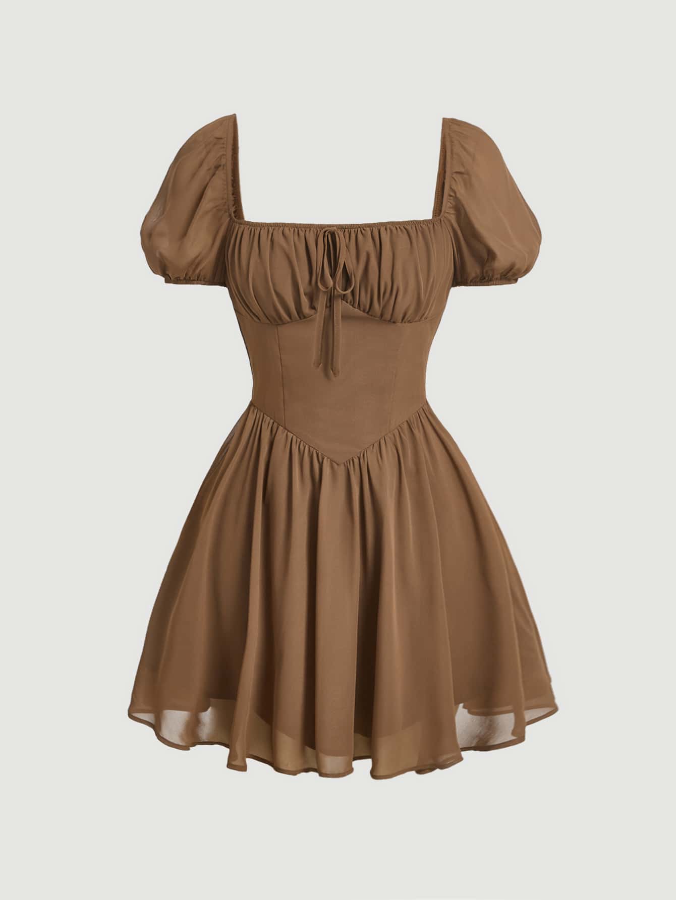 SHEIN MOD Vestido de manga farol pecho con fruncido bajo con fruncido - Café integral - Ver 1
