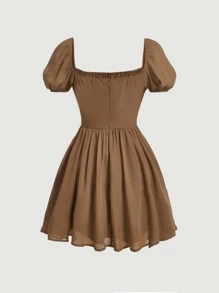 SHEIN MOD Vestido de manga farol pecho con fruncido bajo con fruncido - Café integral - Ver 2