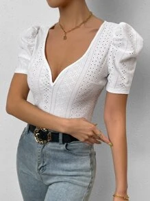 SHEIN Privé Camiseta escote corazón de manga farol con bordado con ojal - Blanco - Ver 3