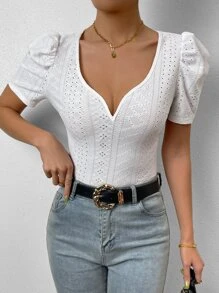 SHEIN Privé Camiseta escote corazón de manga farol con bordado con ojal - Blanco - Ver 6