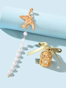 2入組鳥和人造珍珠裝飾不對稱耳墜 - 金黃色 - 查看 4