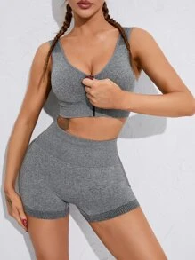 Yoga Basic 2入組無縫高彈力瑜伽套裝套裝拉鏈開襟運動型文胸收復騎行褲 - 灰色 - 查看 4