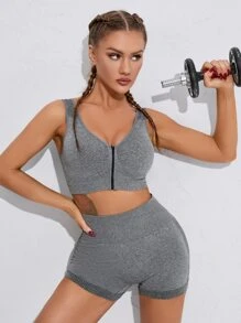 Yoga Basic 2入組無縫高彈力瑜伽套裝套裝拉鏈開襟運動型文胸收復騎行褲 - 灰色 - 查看 5