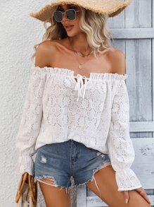 SHEIN VCAY 一字肩前繫帶褶邊荷葉袖襯衫 - 白色 - 查看 3