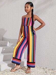 SHEIN Girls Striped Print Cami Jumpsuit - Multicolor - View 4