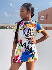 SHEIN Girls Graffiti Print Tee Dress - Multicolor - View 3