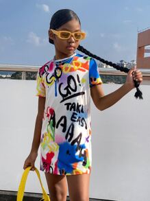 SHEIN Girls Graffiti Print Tee Dress - Multicolor - View 4