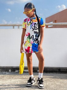 SHEIN Girls Graffiti Print Tee Dress - Multicolor - View 5