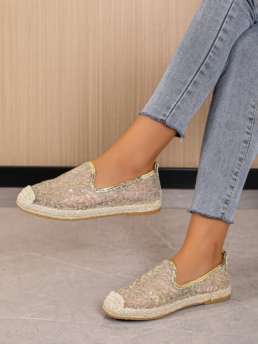 Sequins Decor Mesh Espadrille Flats - Gold - View 1