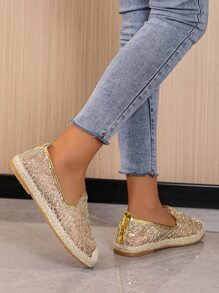 Sequins Decor Mesh Espadrille Flats - Gold - View 2