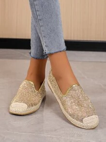 Sequins Decor Mesh Espadrille Flats - Gold - View 3