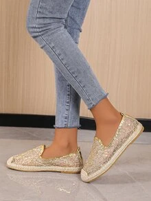 Sequins Decor Mesh Espadrille Flats - Gold - View 4