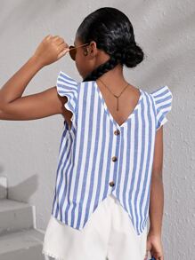 SHEIN Blusa Para Niña Preadolescente Con Diseño A Rayas, Ribete Con Volantes Y Botones En La Espalda