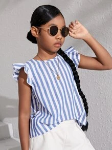 SHEIN Blusa Para Niña Preadolescente Con Diseño A Rayas, Ribete Con Volantes Y Botones En La Espalda