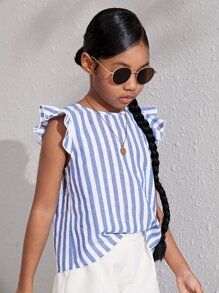 SHEIN Blusa Para Niña Preadolescente Con Diseño A Rayas, Ribete Con Volantes Y Botones En La Espalda