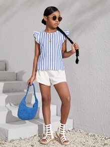 SHEIN Blusa Para Niña Preadolescente Con Diseño A Rayas, Ribete Con Volantes Y Botones En La Espalda