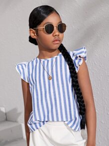 SHEIN Blusa Para Niña Preadolescente Con Diseño A Rayas, Ribete Con Volantes Y Botones En La Espalda
