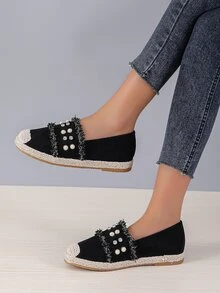 Raw Trim Faux Pearl & Rhinestone Decor Espadrille Flats - Black - View 1