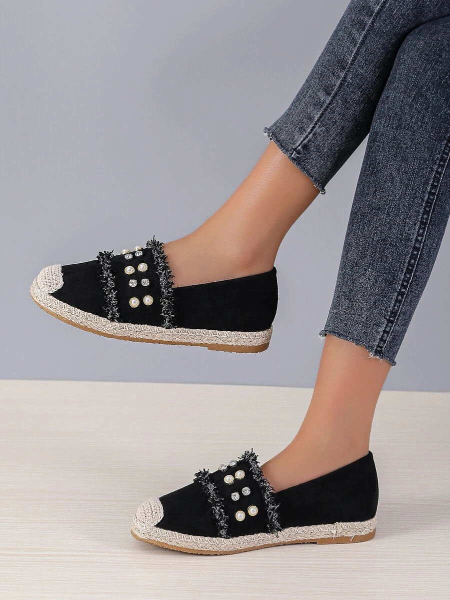 Raw Trim Faux Pearl & Rhinestone Decor Espadrille Flats - Black - View 1