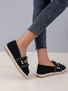 Raw Trim Faux Pearl & Rhinestone Decor Espadrille Flats - Black - View 2