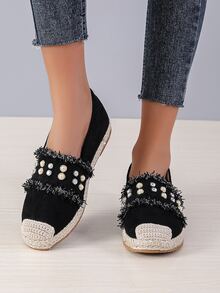 Raw Trim Faux Pearl & Rhinestone Decor Espadrille Flats - Black - View 3