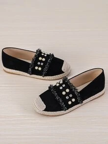 Raw Trim Faux Pearl & Rhinestone Decor Espadrille Flats - Black - View 4