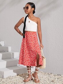 SHEIN Tween Girl One Shoulder Top & Ditsy Floral Print Split Thigh Skirt - Red and White - View 3
