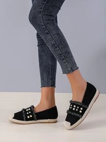 Raw Trim Faux Pearl & Rhinestone Decor Espadrille Flats - Black - View 5