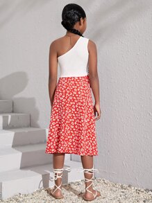 SHEIN Tween Girl One Shoulder Top & Ditsy Floral Print Split Thigh Skirt - Red and White - View 4