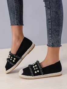 Raw Trim Faux Pearl & Rhinestone Decor Espadrille Flats - Black - View 6