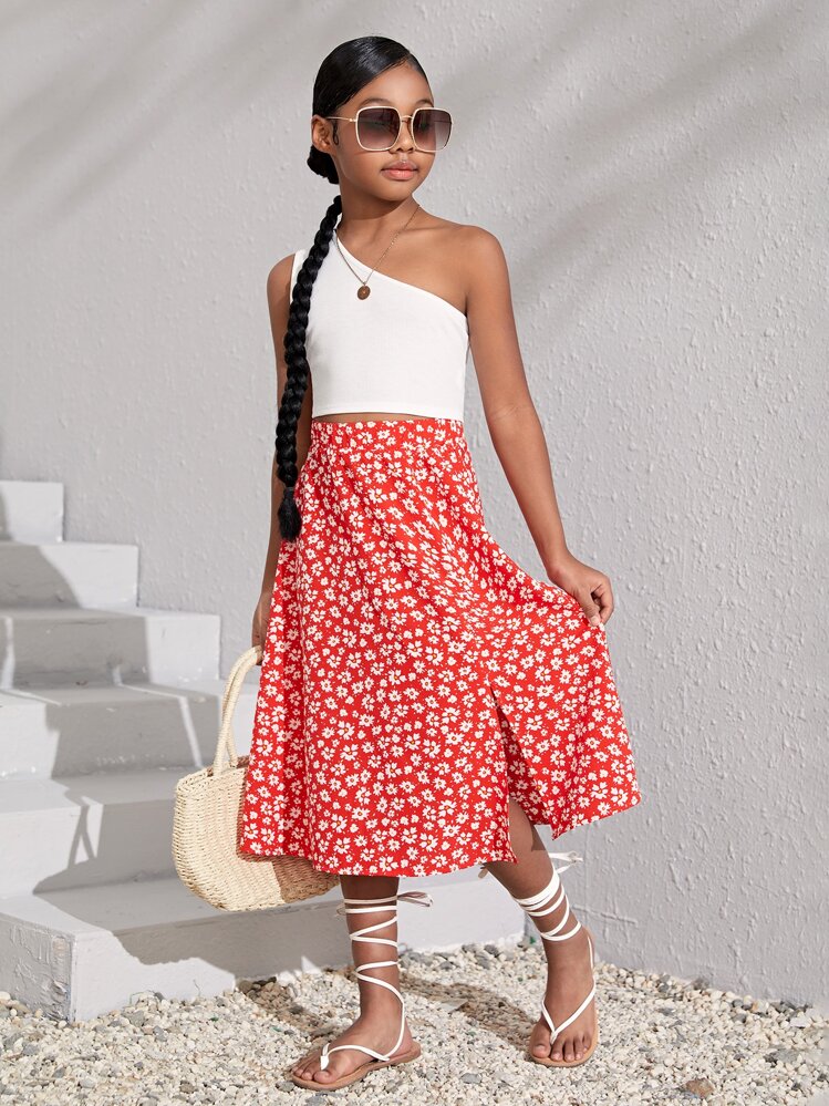 SHEIN Bộ hai mảnh Gái Gân đan Tách cao Họa tiết hoa Boho - Đỏ và trắng - Xem 1