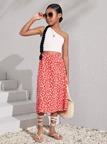 SHEIN Tween Girl One Shoulder Top & Ditsy Floral Print Split Thigh Skirt - Red and White - View 6