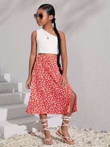SHEIN Tween Girl One Shoulder Top & Ditsy Floral Print Split Thigh Skirt - Red and White - View 7