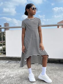SHEIN Girls Striped Print High Low Hem Tee Dress - Black and White - View 1