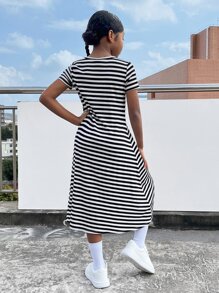 SHEIN Girls Striped Print High Low Hem Tee Dress - Black and White - View 2
