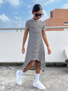 SHEIN Girls Striped Print High Low Hem Tee Dress - Black and White - View 3