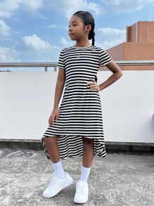 SHEIN Girls Striped Print High Low Hem Tee Dress - Black and White - View 4