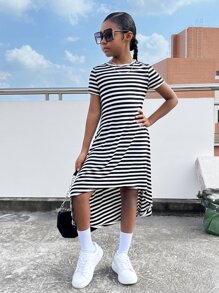 SHEIN Girls Striped Print High Low Hem Tee Dress - Black and White - View 5