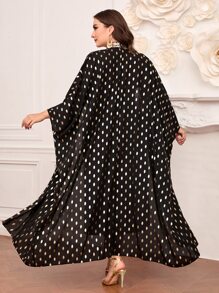 Modelyn Plus Gold Dot Print Batwing Sleeve Open Front Coat & Dress - Black - View 3