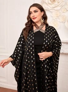 Modelyn Plus Gold Dot Print Batwing Sleeve Open Front Coat & Dress - Black - View 5