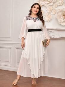 Modelyn Plus Striped Print Asymmetrical Hem Dress - White - View 1