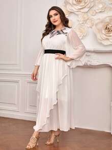 Modelyn Plus Striped Print Asymmetrical Hem Dress - White - View 3