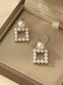 Faux Pearl Square Drop Earrings - White - View 1