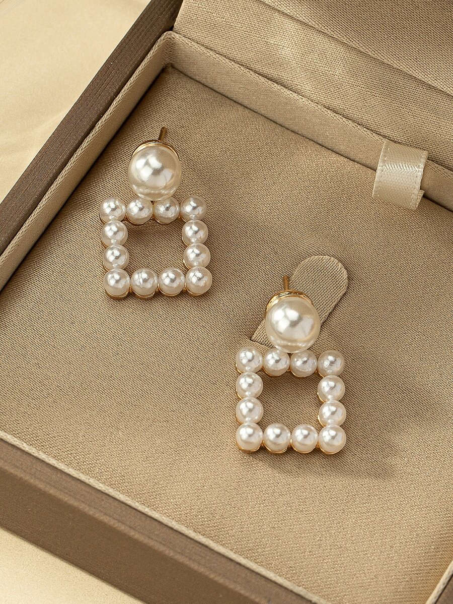 Faux Pearl Square Drop Earrings - White - View 1